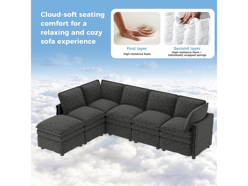  Canapé modulable xxl gris, tissu chenille doux 6 places, convertible en forme u ou l avec pouf amovible pour grand salon &amp; bureau.  - Conforama E