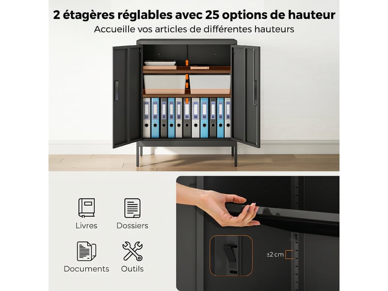  Armoire de bureau métallique, 80 x 40 x 100 cm, meuble de rangement, serrure, noir, 2 portes et 2 étagères réglables  - Conforama A