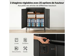 Armoire de bureau métallique, 80 x 40 x 100 cm, meuble de rangement, serrure, noir, 2 portes et 2 étagères réglables