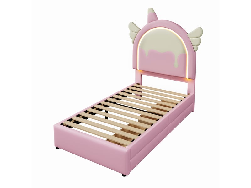 Lit rembourré rose 90x200 cm licorne avec led et 2 tiroirs de rangement - Conforama D