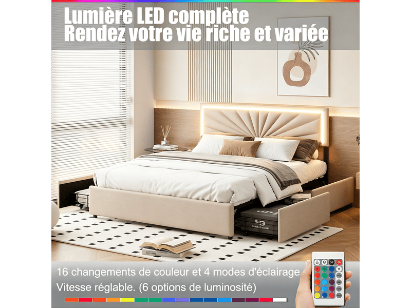  Lit 160 x 200 cm - led - usb - moderne - cadre de lit adulte 160x200 cm - velours - beige  - Conforama E