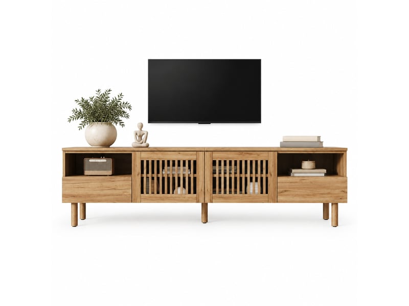  Meuble tv 180 cm en mdf bois clair, 2 portes grillagées, 2 tiroirs et niches ouvertes, tv jusqu’à environ 75 pouces  - Conforama A