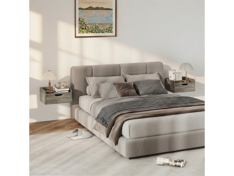  Lot de 2 tables de chevet murales, tables de nuit avec tiroir et plateau à rebords surélevés, 40x30x19,5cm, gris  - Conforama D