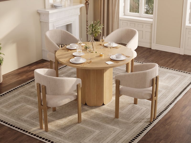  Ensemble table et chaise, table ronde 120×75cm chêne, 4 chaises modernes, assise confortable, durable, pour salon/café  - Conforama B