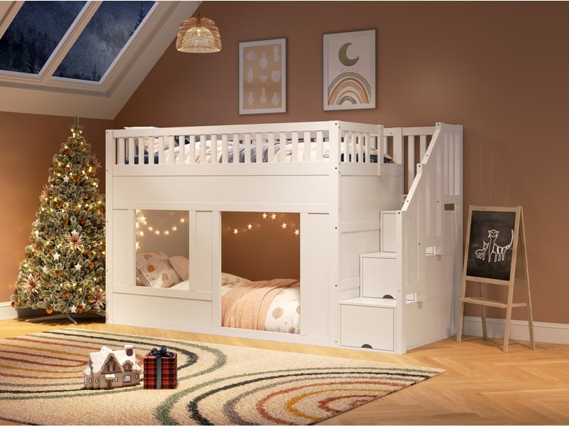 Lit mezzanine enfant 90 x 200 cm blanc, bois et mdf, escalier de rangement, espace inférieur modulable - Conforama B