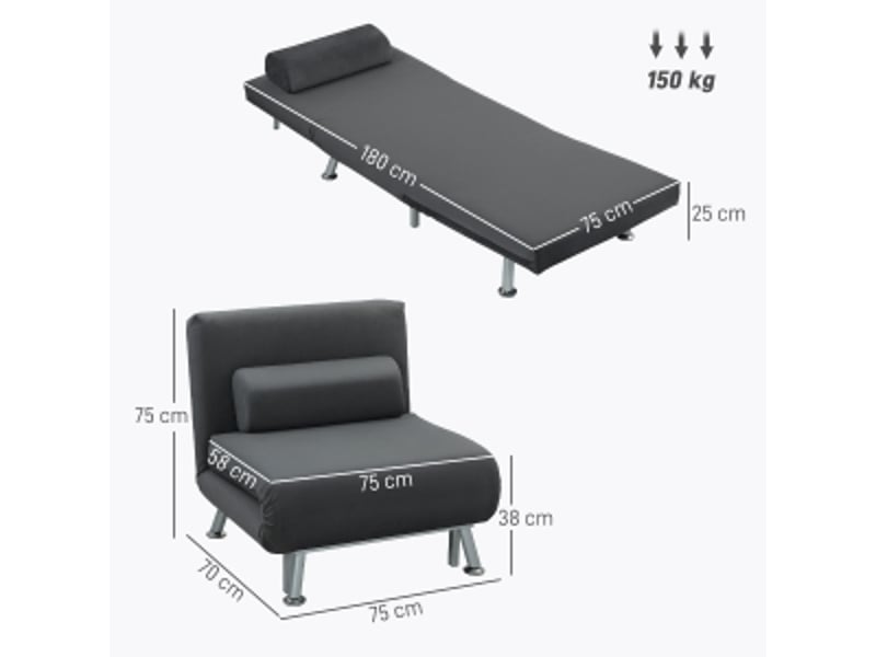  Fauteuil convertible en lit gris foncé, dossier réglable, rembourrage mousse et structure acier pour salon et chambre  - Conforama C