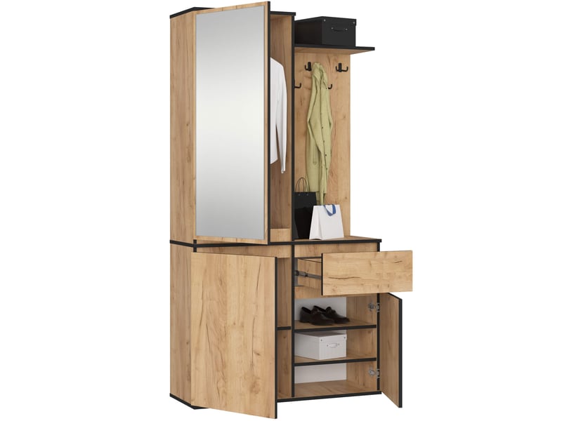  Ensemble de meubles d'entrée entro chêne craft avec armoire et miroir 95 cm 3 portes 1 tiroir 7 étagères 95x35x183 cm Ensemble d'entrée ENTRO - Conforama B