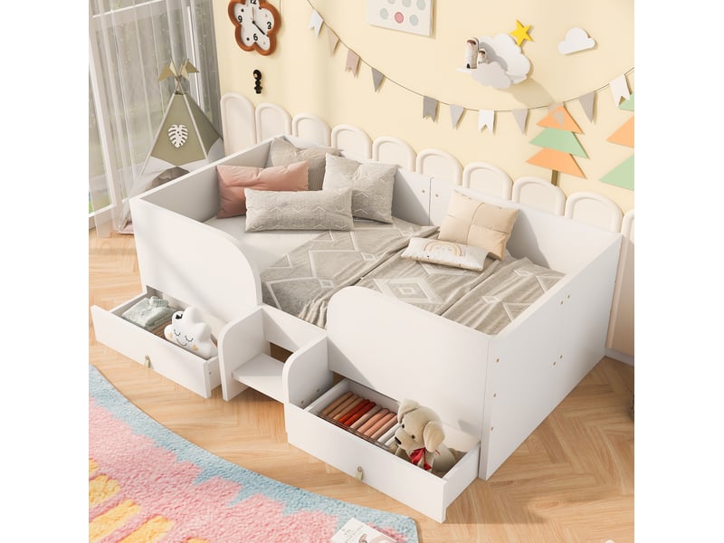  Lit enfant 90x200 cm avec 2 tiroirs et marche d’accès, blanc  - Conforama B