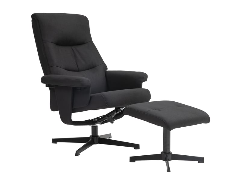 Fauteuil relax noir avec repose-pieds, pivotant 360° et inclinable jusqu'à 135° - Conforama A