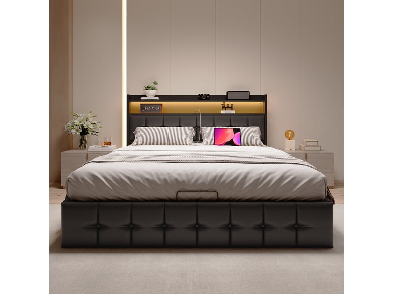  Lit double coffre - 140 x 190 cm-noir - en similicuir pu, avec tête de lit de rangement, éclairage led, prises et vérins hydrauliques  - Conforama C