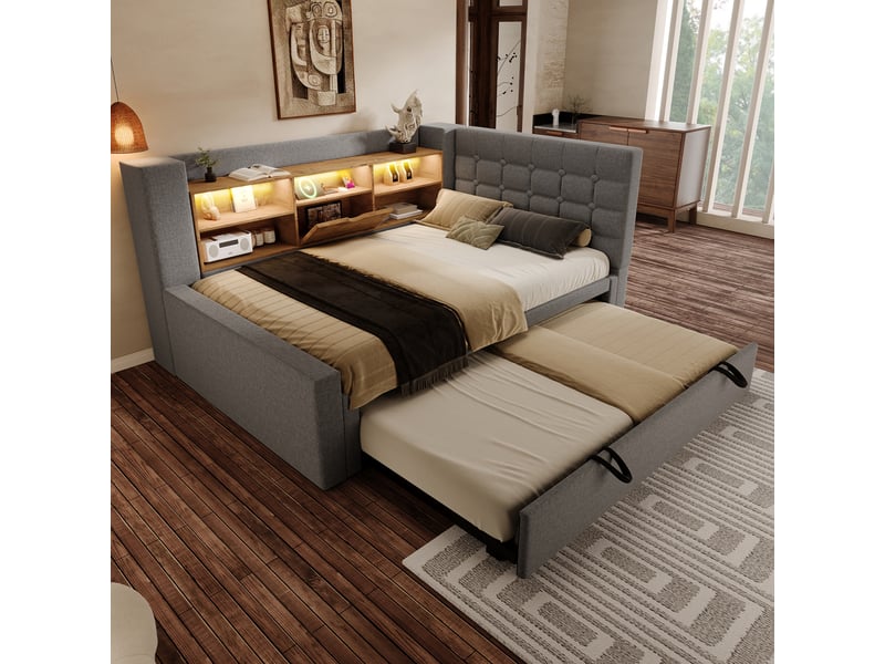  Lit avec rangement en lin et métal gris 90x200 cm  - Conforama B