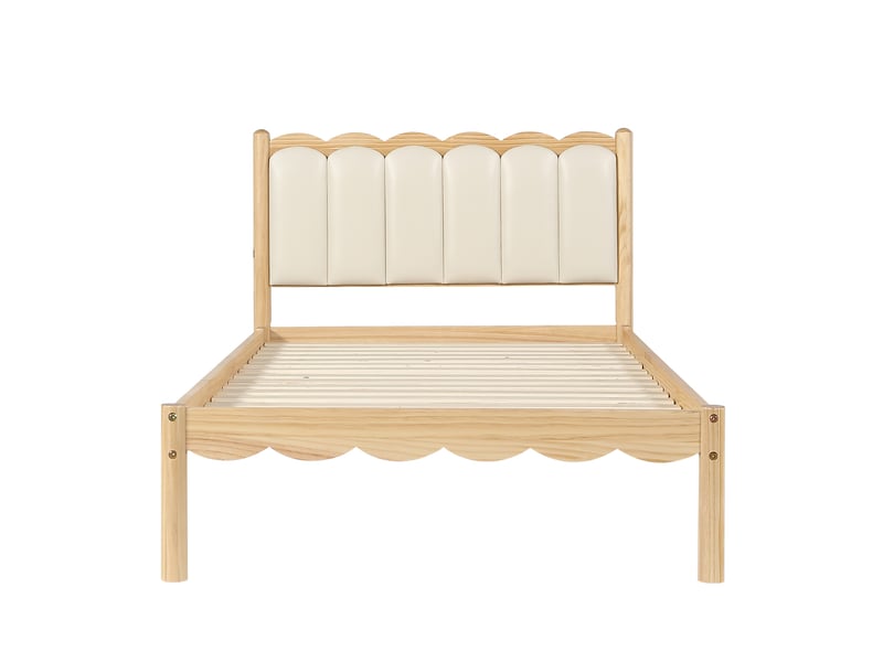 Lit enfant 90×200 cm, tête de lit rembourrée pu, cadre en bois massif, lit simple, sans matelas, naturelle et beige - Conforama E