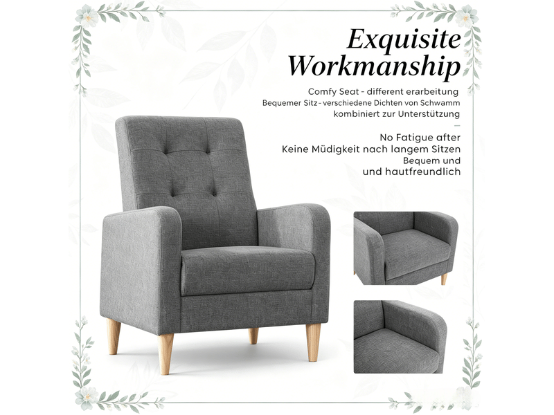  Fauteuil 1 place 61x54x90,5 cm gris foncé en lin et bois, dossier capitonné pour salon et chambre  - Conforama E