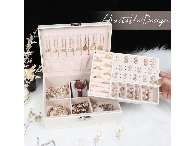  Boîte à bijoux pour femme, coffret à bijoux en cuir verrouillable de 2 couches organisateur à bijoux, petit jewelry stockage cas rangement(blanc)  - Conforama E