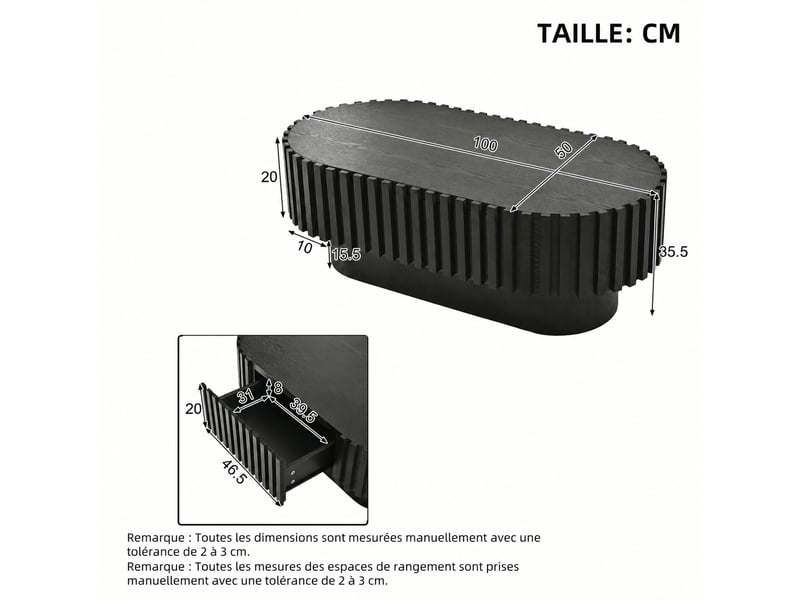 Table basse ovale noire avec tiroir, mdf à lattes verticales, 100 x 50 x 35,5 cm  - Conforama E
