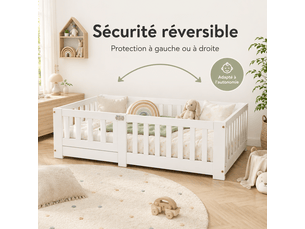 Lit au sol 90x190 cm, lit enfant montessori avec barrière de sécurité et sommier, bois massif pin, lit simple cabane 1 place, blanc