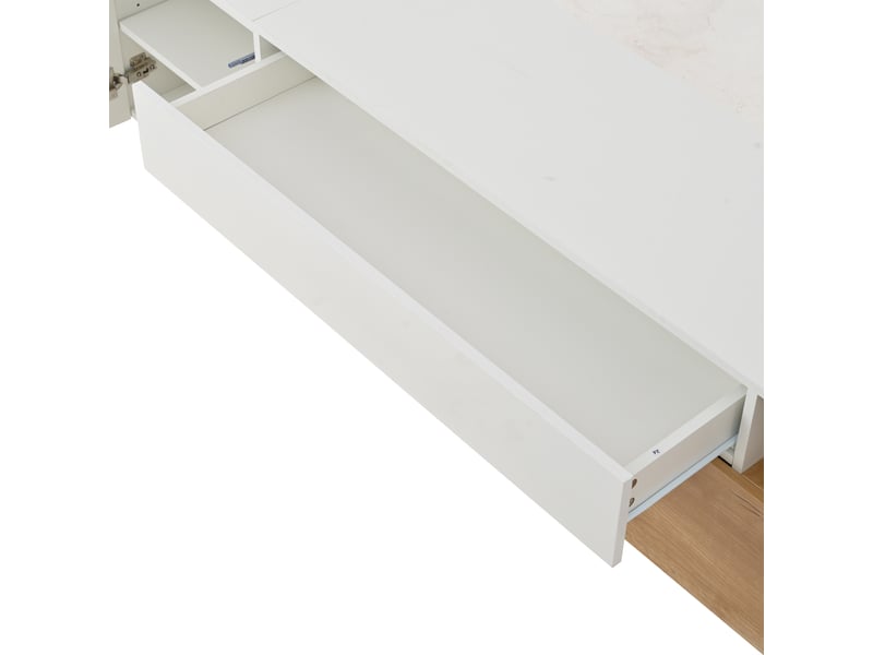  Meuble tv 180x38x50 cm blanc brillant, 7 compartiments, porte et tiroir, pour écran jusqu'à 75 pouces  - Conforama E