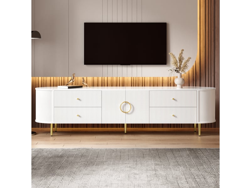  Meuble tv avec 2 tiroirs, double porte, étagère fixe et passe-câble pour salon, 180 × 40 × 38 cm, en mdf blanc  - Conforama C