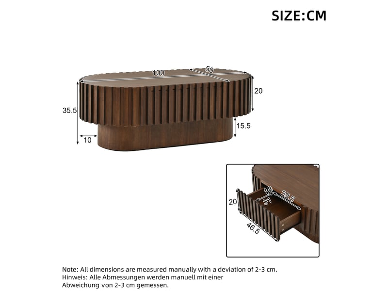  Table basse ovale 100x50x35,5 cm avec tiroir en mdf couleur noyer, design moderne, décor à lamelles verticales  - Conforama C