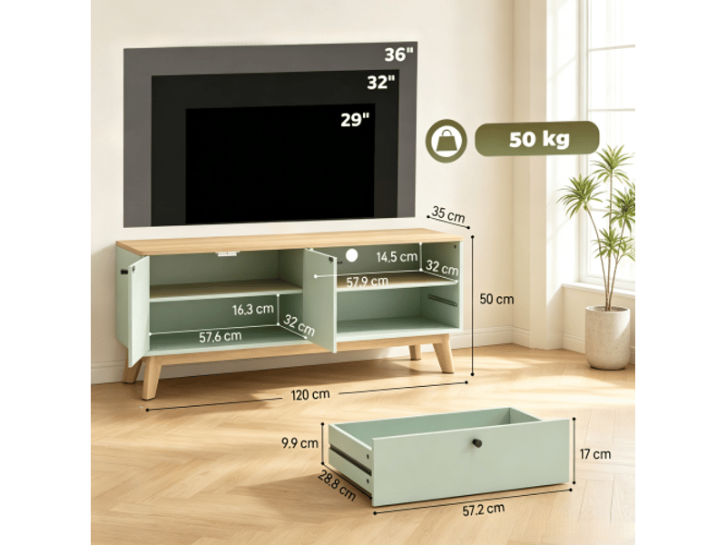  Meuble tv 120 cm – télé jusqu’à 36 pouces, 2 portes, 1 tiroir et étagère ouverte, rangement pratique  - Conforama C