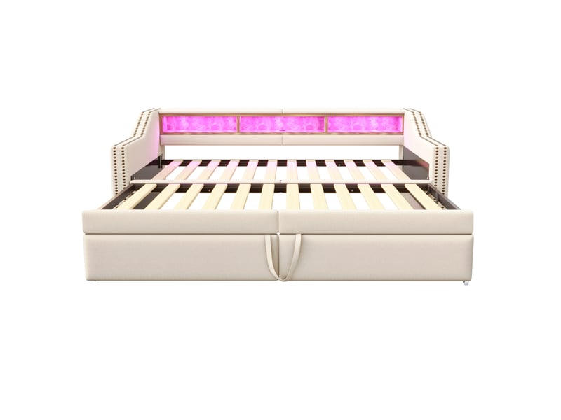  Lit banquette 90180 x 200 cm – beige – lit gigogne, led, usb, rangement et 2 matelas inclus  - Conforama D