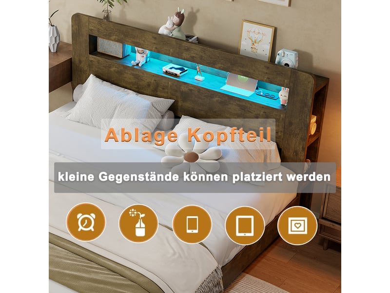 Lit coffre 140x200 cm, lit double, rangement hydraulique, bois, led - Conforama W