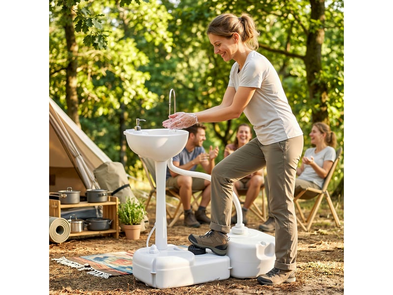 Évier de camping portable avec 2 roues, réservoir d'eau de 17 l et réservoir de savon de 2,5 l, 83 x 50 x 103 cm - Conforama C