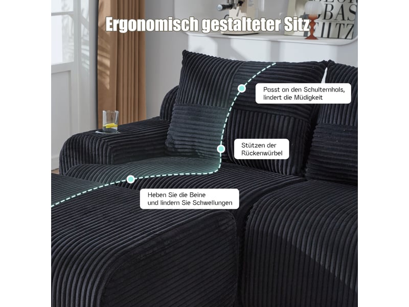  Canapé modulable, canapé de salon — porte-gobelets, en velours tricoté, noir  - Conforama E
