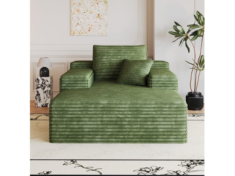  Méridienne 1 place à assise profonde avec coussin et mousse, sans montage en velours côtelé vert, 115 × 159 cm  - Conforama E