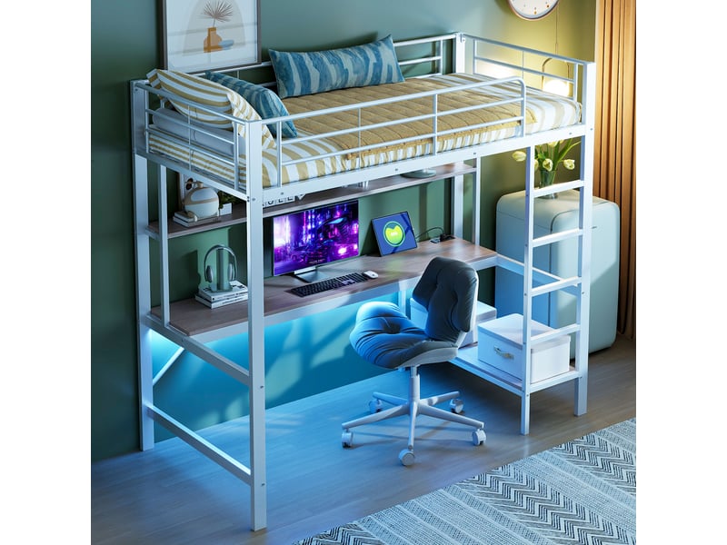  Lit mezzanine enfant 90x200 cm avec led, prise, table, étagère, garde-corps et sommier, métal, blanc, sans matelas  - Conforama W