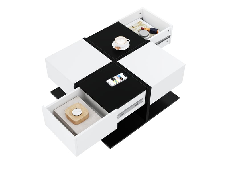  Table basse 70x70x35,5 cm avec 2 tiroirs brillante panneau de particules noir et blanc  - Conforama B