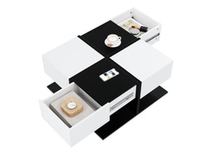 Table basse 70x70x35,5 cm avec 2 tiroirs brillante panneau de particules noir et blanc