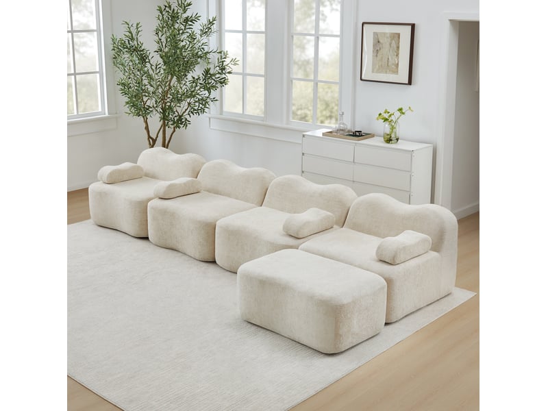  Canapé d’angle modulable 4 places avec pouf, forme ondulée, velours beige  - Conforama B