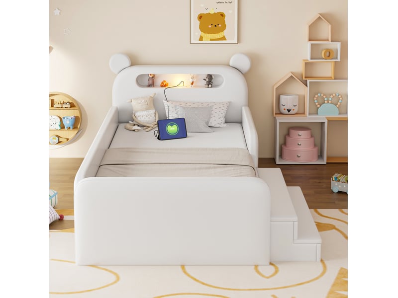  Lit enfant 90x200 cm avec tête de lit ours, led, usb, rangement, blanc, sans matelas  - Conforama B