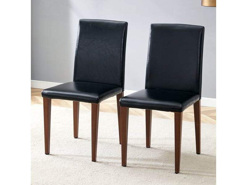  Lot de 2 chaises de salle à manger en similicuir pu noir, dossier ergonomique, pieds métal effet noyer, antidérapants, charge 120 kg, design moderne  - Conforama B
