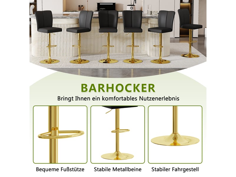  Lot de 2 tabourets de bar réglables,63x85 cm,pivotants,similicuir et métal doré,noir  - Conforama E