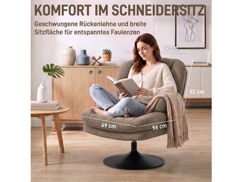  Fauteuil pivotant à 360 degrés avec repose-pieds réglable en hauteur et dossier incurvé, en velours polyester marron  - Conforama E