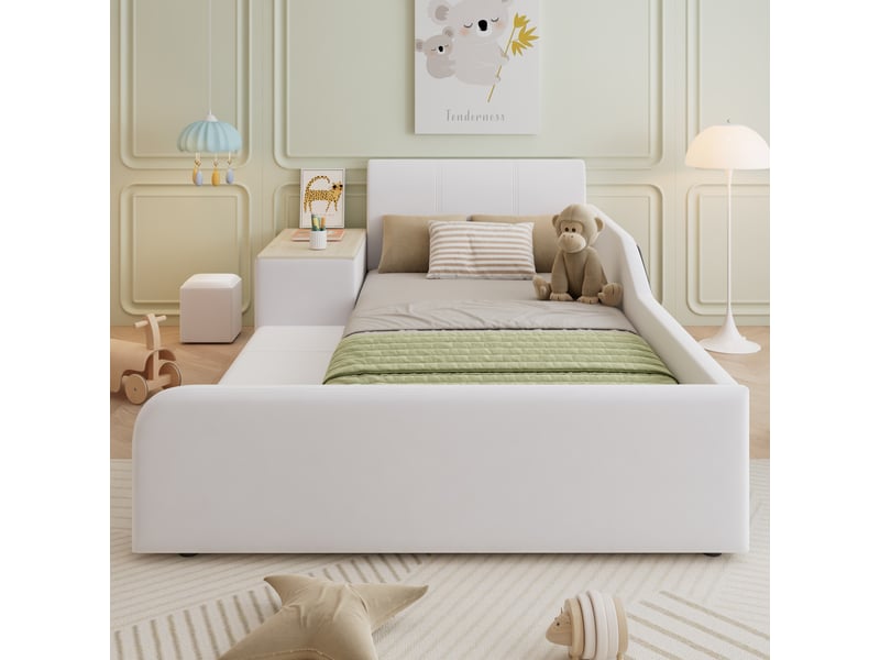  Lit 1 place multifonction 90x200 cm avec bureau enfant pouf étagère velours blanc et sommier  - Conforama B
