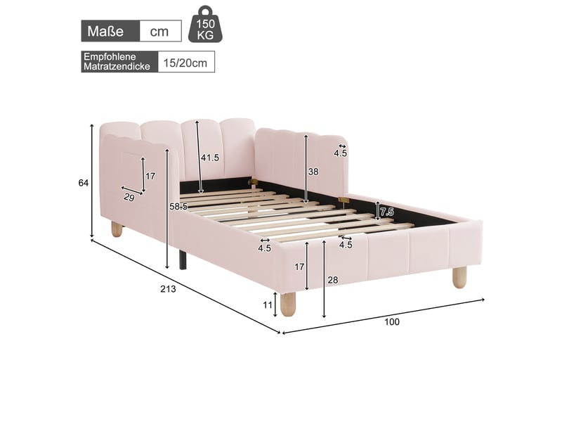  Lit banquette rembourré 90x200 cm, lit simple avec tête de lit, lit enfant, barrière de sécurité, pieds bois massif, velours, rose Seren Glow - Conforama C