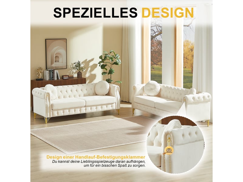  Canapé chesterfield beige en velours, 208,3 x 287,9 x 73,6 cm, pieds en métal, boutons capitonnés, clous dorés  - Conforama E