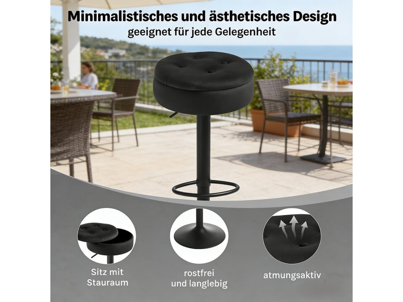  Tabouret de bar pivotant réglable avec rangement caché et repose-pieds en velours noir, 39 × 39 × 79,5 cm  - Conforama E