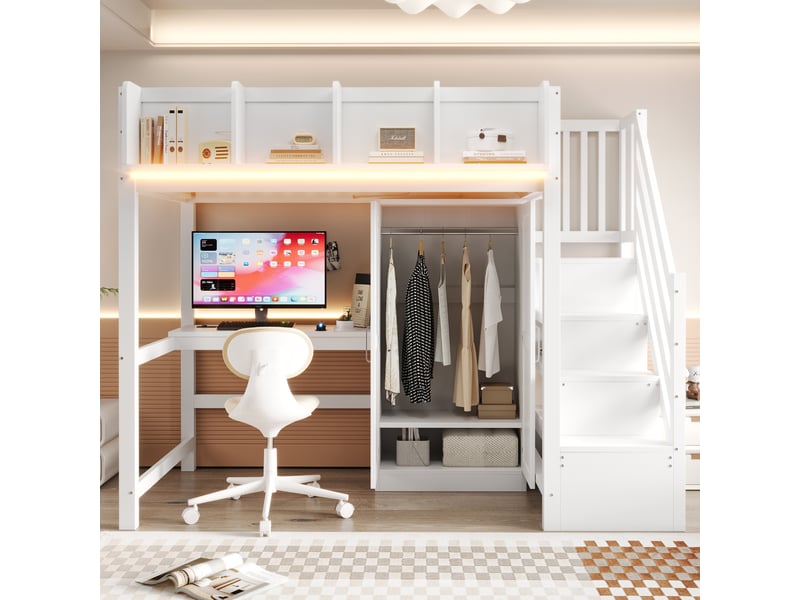  Lit mezzanine enfant simple 90×200 cm avec bureau, armoire, led et prises - okmyhome- blanc, sans matelas  - Conforama B