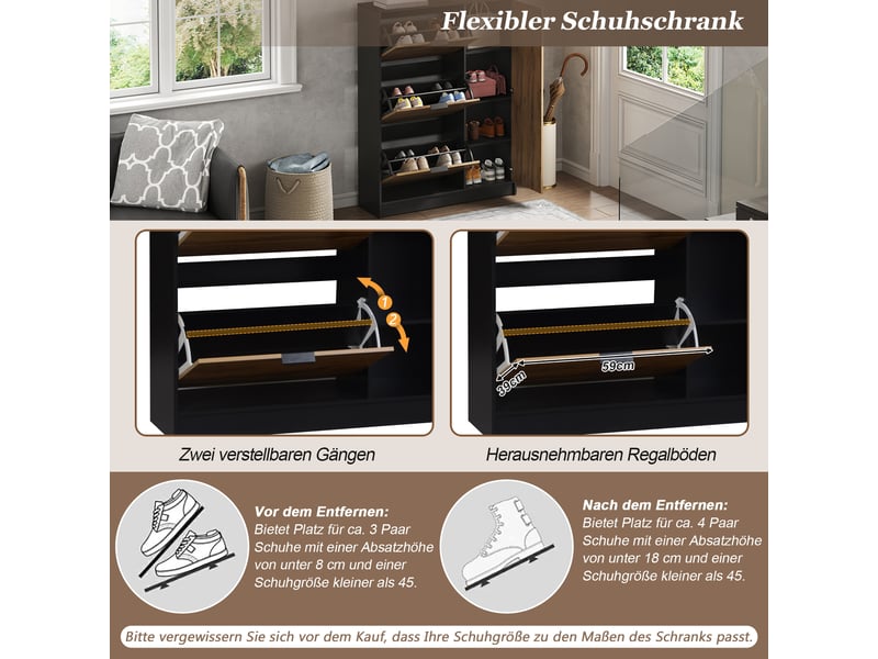  Meuble à chaussures naturel 100 × 30 × 130 cm, 3 abattants, 1 porte, format compact, jusqu’à 12 paires  - Conforama D