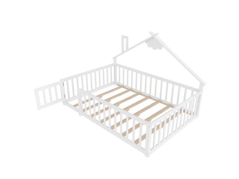 Lit cabane enfant, 140 × 190 cm, blanc, pin et mdf, structure cabane, garde-corps, barrière avec verrou, sans matelas - Conforama A