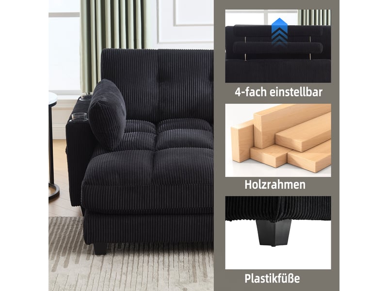  Canapé en velours côtelé noir avec accoudoirs réversibles et coussins réglables pour la tête  - Conforama W
