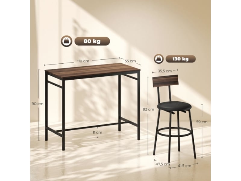  Ensemble table de bar 5 pièces avec 4 chaises – design industriel bois et acier – marron, cuisine &amp; salle à manger  - Conforama C