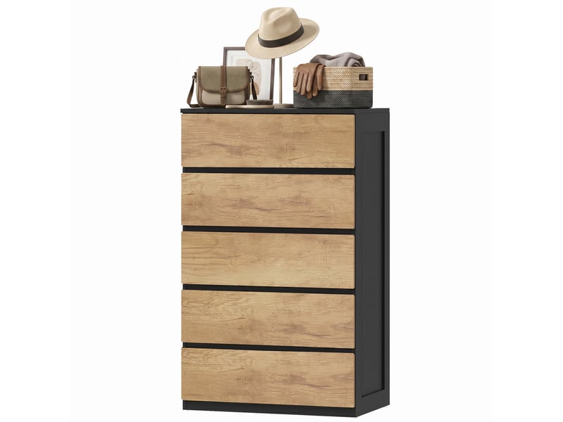 Commode en bois à 5 tiroirs avec poignées rainurées, 60 x 39 x 100 cm, noir et chêne - Conforama B