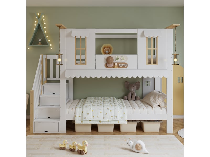  Lit superposé 90x200 cm – lit superposé avec cadre robuste, mdf – sans matelas – blanc et naturel  - Conforama E
