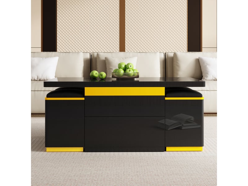  Table basse relevable et extensible avec 4 tabourets – noir et jaune – 100 x 50 x 43 cm  - Conforama B