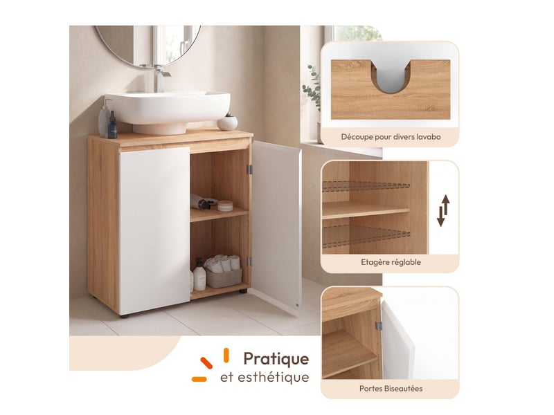  Meuble sous lavabo salle de bain tomi façon hêtre et blanc  - Conforama C